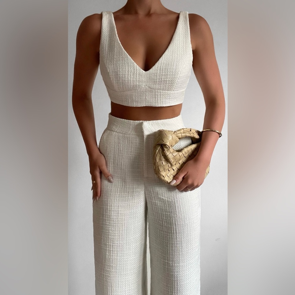 ADELAIDE TWO PIECE SET - CROP TOP AND WIDE LEG PANTS SET IN WHITE